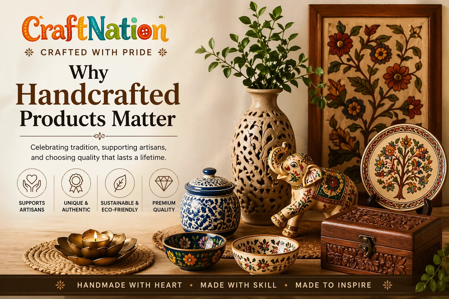 Beautiful handcrafted home decor products including wooden box, ceramic jars, elephant figurine and artisan decor setup.