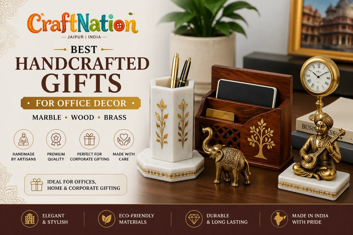 Best handcrafted gifts for office decor featuring marble pen stand, wooden organizer and brass figurines by CraftNation Jaipur artisans.