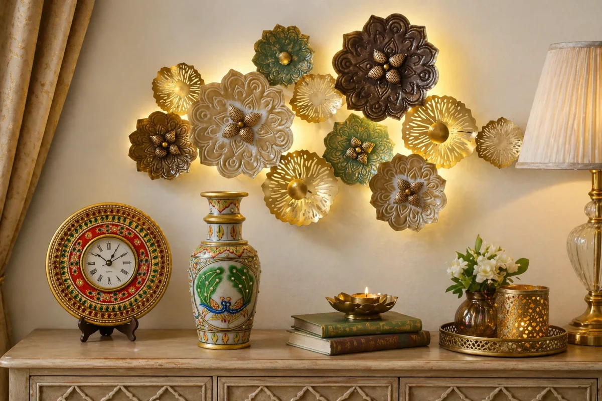 Rajasthani handcrafted home decor setup with decorative wall art, marble clock, painted vase and elegant living room styling.